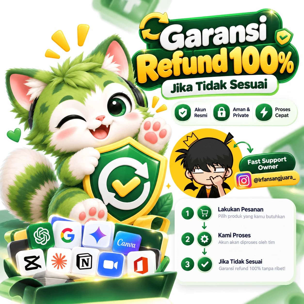 Garansi refund 100%, akun premium dan private, dibantu admin sampai selesai